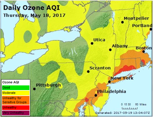 Northeast US AQI Map, May 18, 2017